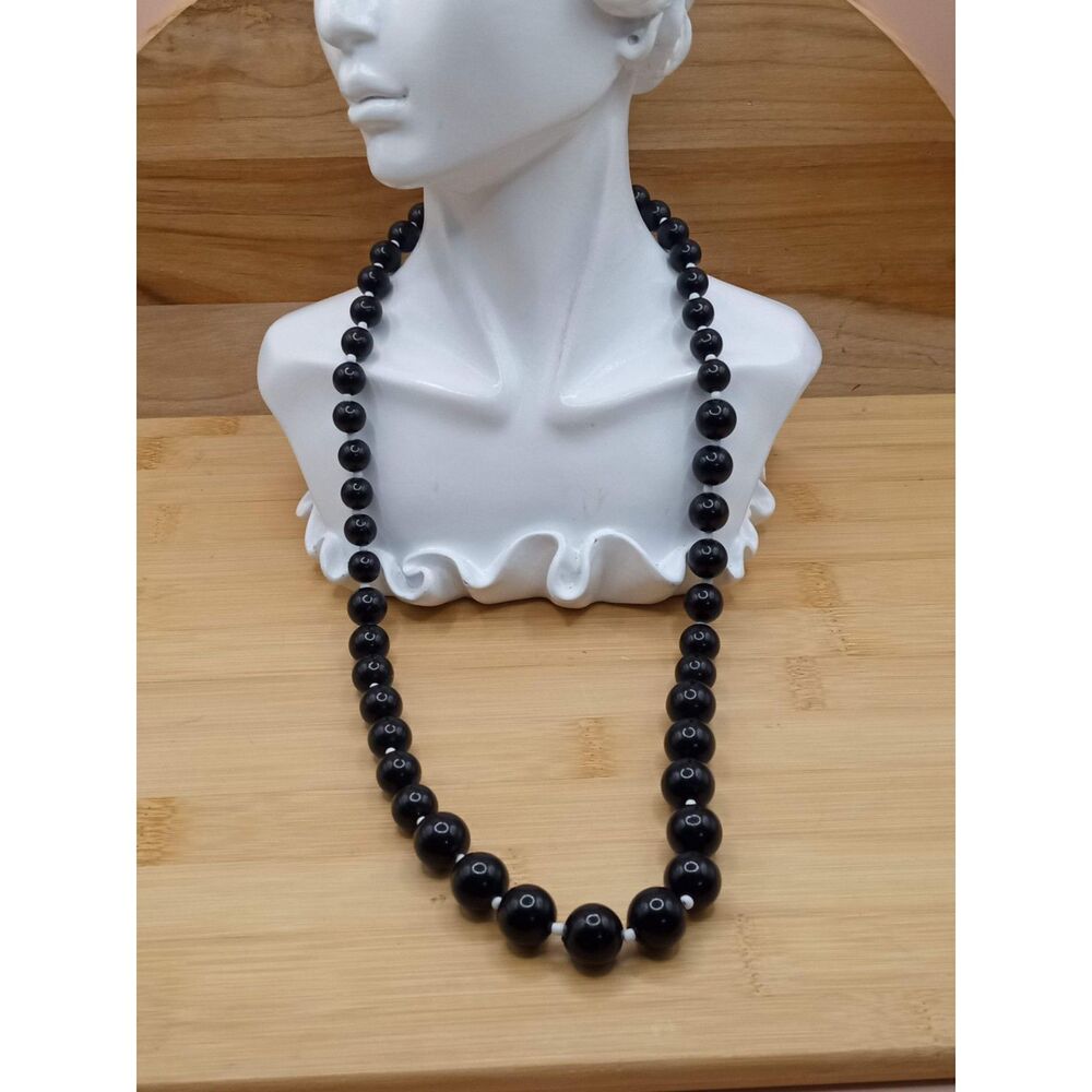 Vintage Black Beaded Single Strand Individual Spaced Matinee Length Necklace